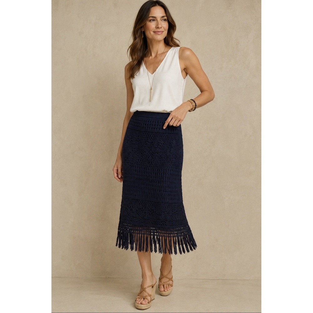 NEW! Chicos Crochet Knit Midi Skirt Fringe Hem Bohemian Navy Blue SZ M